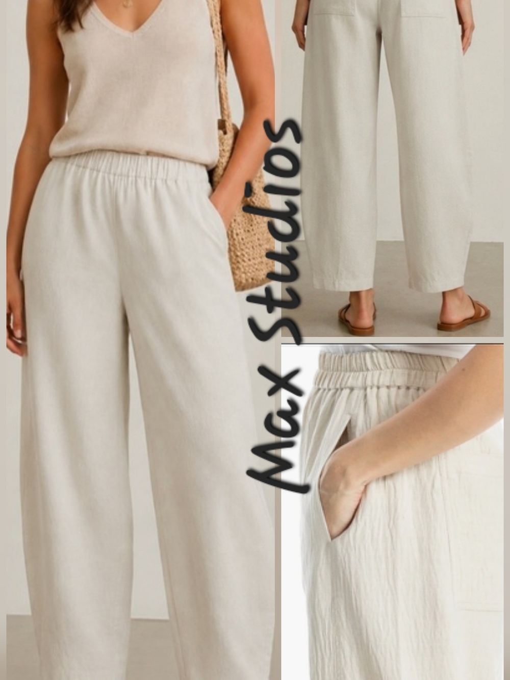 Max Studio Cream Wide-Leg Elastic Waist Pants - Picture 1 of 9